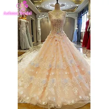 

Robe De Mariage 2017 New Design Scoop Neck Lace Pink Long Train Wedding Dresses Ball Gown Sleeveless Applique Bridal Dresses