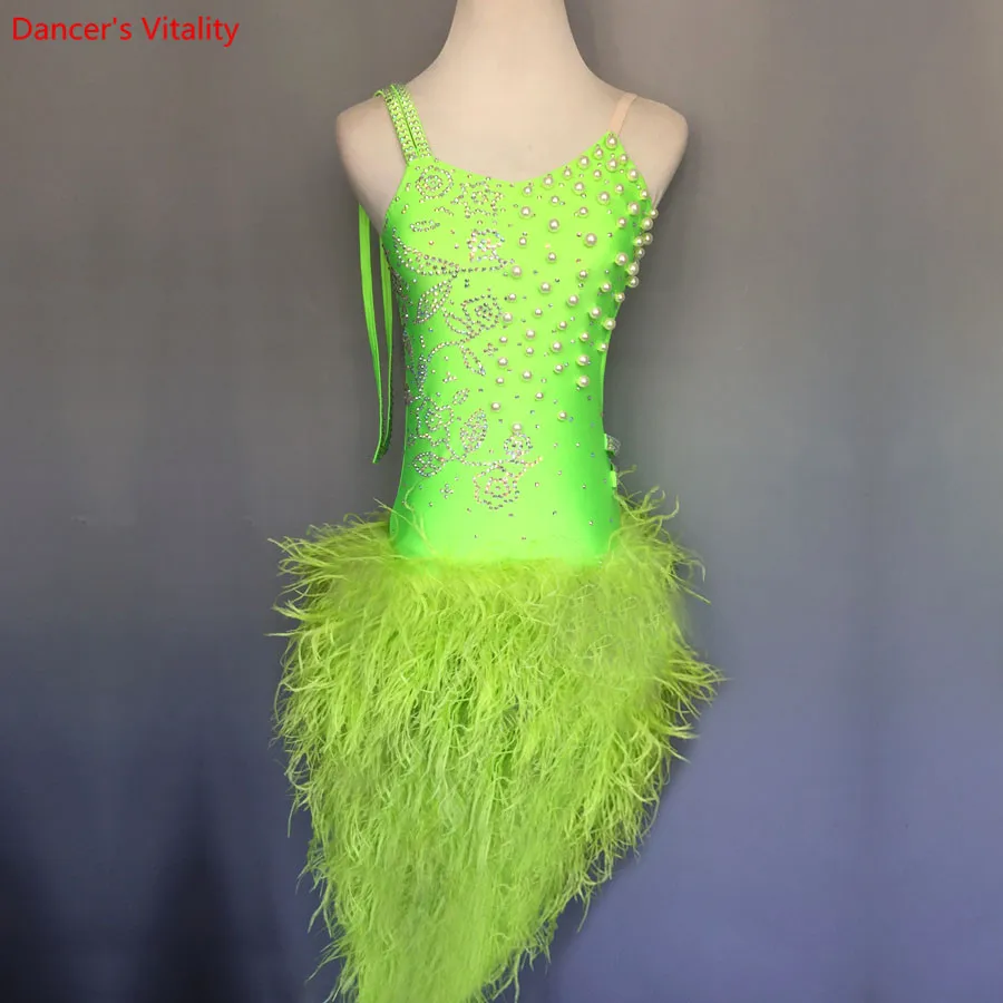 Роскошные бусы перо Латинской платье для танцев Для женщин сцены костюм для девочек бального танца Конкурс одежды танцевальная одежда