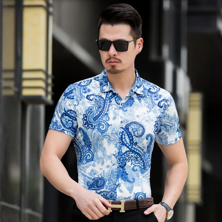 MIXCUBIC 2018 summer cool blue flower printed shirts men casual slim