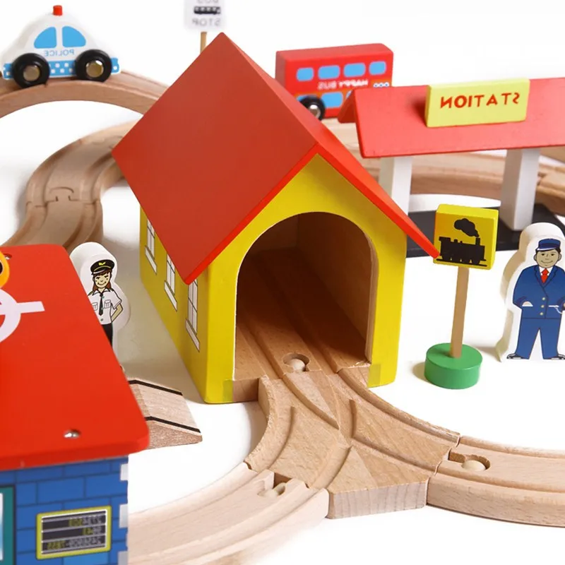 

Wooden 69pcs Simulation Train Track Children's Educational Toys Wooden Puzzle Building Slot Track Rail Transit Parking Garage