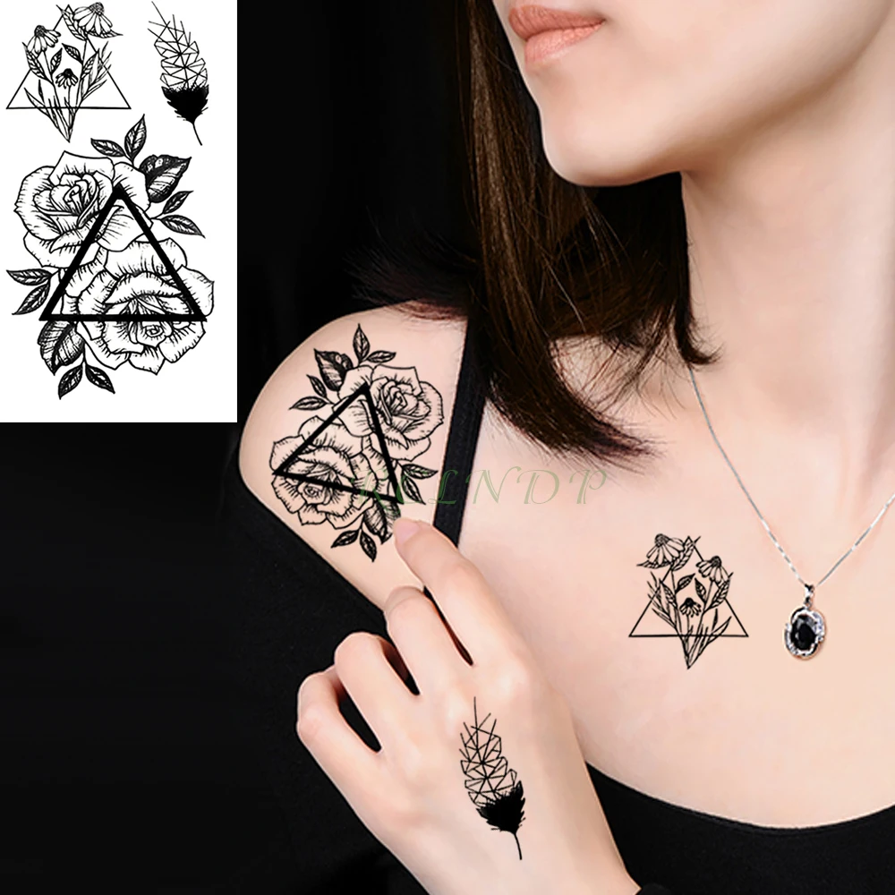 

Waterproof Temporary Tattoo Sticker Feather Rose triangle Fake Tatto Flash Tatoo Tatouage Neck Hand Back Foot for Girl Women Men
