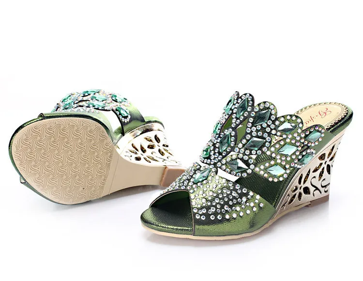 2017 New Green Large Size Open-toe Womens Shoes Leather 40 44 Wedge Heel Slippers Heels Sandals Party & Evening High Quality-5
