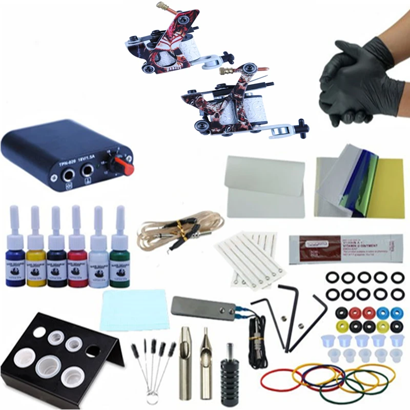 

Beginner Complete Tattoo Kit 2 Guns Machines Grips Needles Tips Power Supply Permanent Makeup Tattoo Set