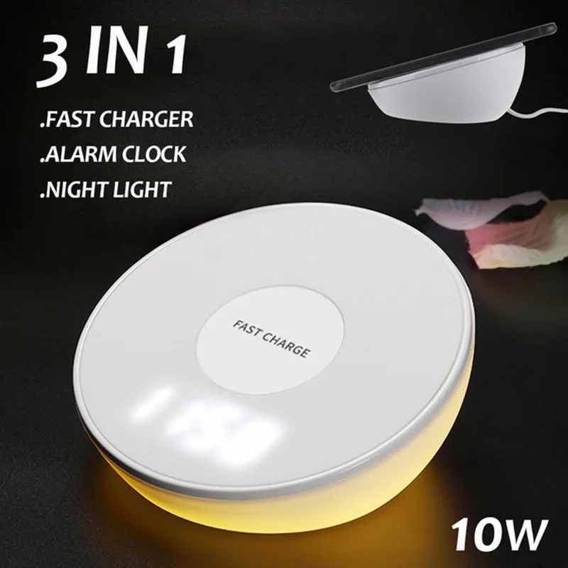 

10W Fast Wireless Charger with Alarm Clock Night Light Stand for IPhone X XS Max 7 8 Samsung Galaxy S8 S9 Qi Charging Induction