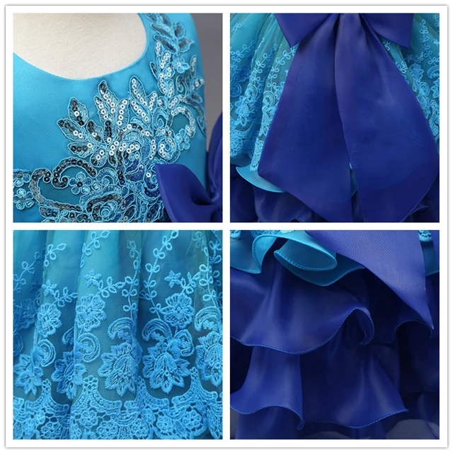 Новое многослойное платье Платья с цветочным узором для девочек голубое детское вечернее платье с большим бантом, платье для дня рождения свадебное платье vestido de festa infanil
