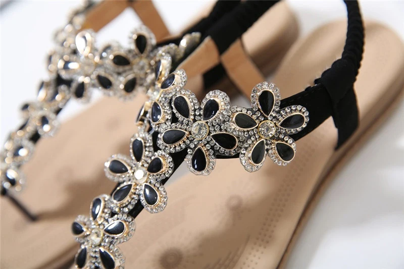 MVVJKE/Элегантные богемные женские сандалии с ремешками на лодыжках, украшенные кристаллами и цветами; летняя пляжная обувь; женская обувь на плоской подошве; большие размеры