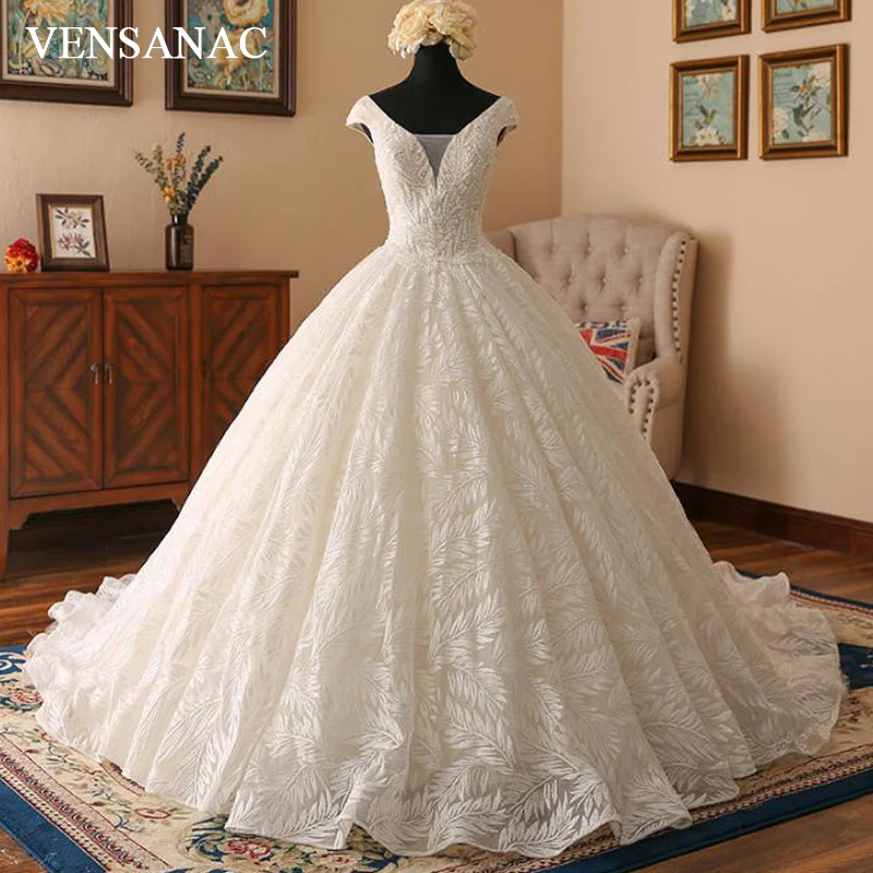 

VENSANAC Sequined V Neck Lace Appliques Ball Gown Wedding Dresses 2018 Short Cap Sleeve Court Train Backless Bridal Gowns