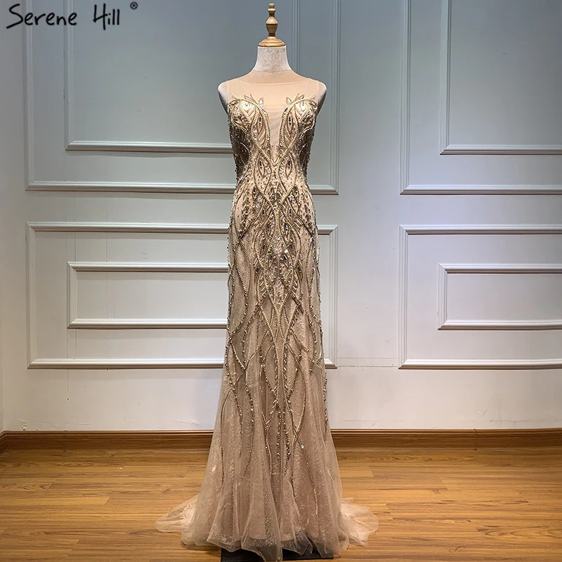 

Serene Hill Dubai Luxury Nude Pearls Diamonds Evening Dresses Long 2019 Mermaid Sexy Evening Gowns Real Photo BLA60873