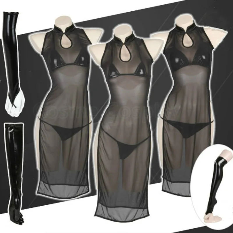 

Cos Anime Net Cheongsam +Bikini Cosplay Costume Lacquer Bikini Set Bronzing Leather Hot Sexy Lingerie Net Qipao Black Chi-pao