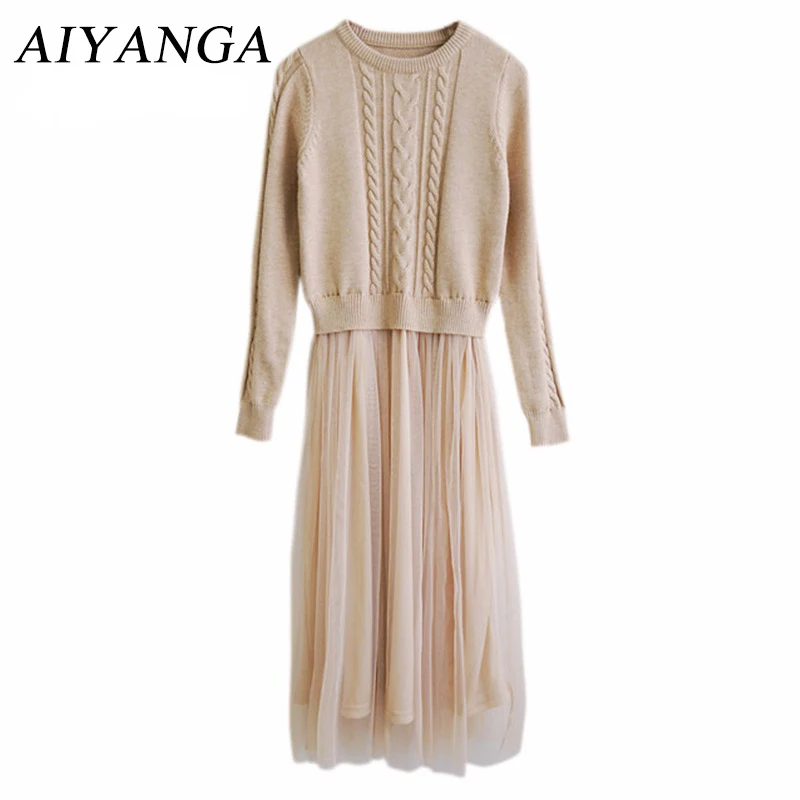 2017 Autumn Fashion High Temperament Winter Dress O Neck Slim Long Sleeve Long Knitting Patchwork Mesh