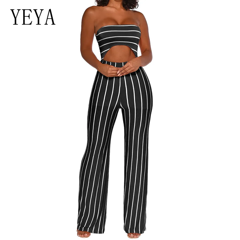 YEYA Sexy Cropped Umbilical Jumpsuits Women Elegant Off Shoulder Sleeveless Striped Loose Playsuits Summer Holow Out Wear YEYA Sexy Cropped Umbilical Jumpsuits Women Elegant Off Shoulder Sleeveless Striped Loose Playsuits Summer Holow Out Wear