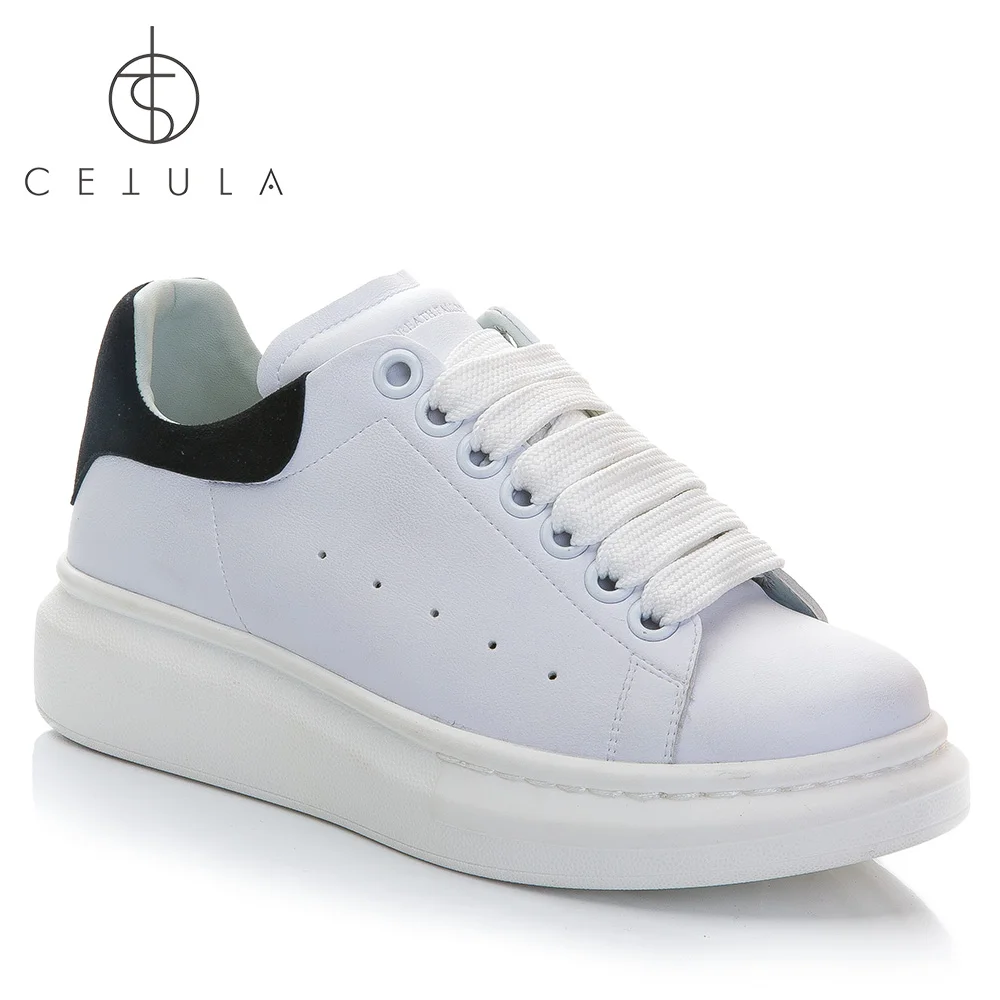 

@Cetula 2018 Handcrafted Female White Smooth Leather Thick Lace Sneakers With Round Toe&Trimmed Suede Counter