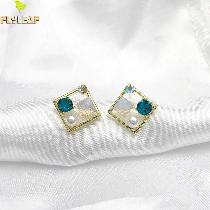

Flyleaf Geometric Square Cubic Zirconia Earings Fashion Jewelry Real 925 Sterling Silver Stud Earrings For Women Fine Jewelry