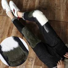 Женские джинсы из кроличьего меха в стиле пэчворк, потертые винтажные осенне-зимние женские шаровары, Свободные повседневные узкие брюки, черные брюки MK0102