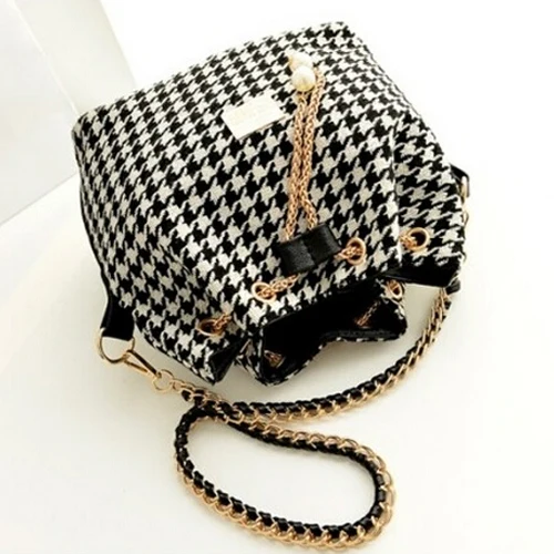 5* женская сумка с узором "гусиная лапка", модная сумка-мешок с цепочками, тканевая Лоскутная сумка на плечо, сумка-мессенджер в черно-белую клетку