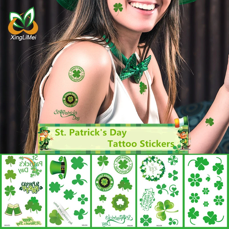 14 Hojas Tatuajes de trébol Impermeables HOWAF Tatuajes temporales de San Patricio Tatuajes de Cara Irlandesa Pegatinas corporales para niños Mujer decoración del día de San Patricio Hombre