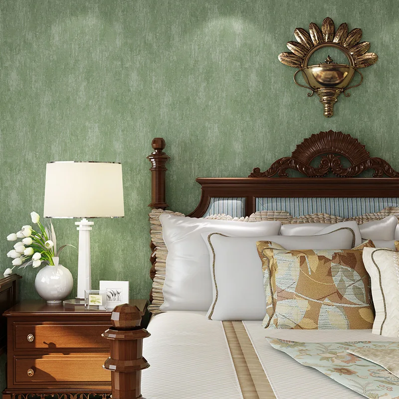 

American Retro Plain Color Non-woven Wallpapers For Living Room Bedroom Study Home Decor Green Wallpaper For Walls Roll Modern