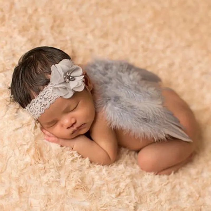 

Handmade Grey Feather Angel Wings Newborn Photography Props Flower Headband Set Vetement Fille Bebe Infant Photo Accessories