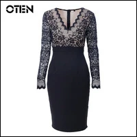 OTEN-Pencil-dress-Women-Sexy-Deep-V-Neck-Lace-Patchwork-Long-sleeve-Hollow-out-Work-Wear