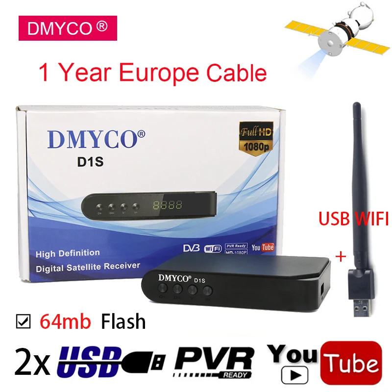 

DMYCO Digital Satellite Receiver D1S HD HDMI DVB-S2 LNB TV Tuner Support 1 Year Europe Spain Server Youtube TV Decoder +USB WIFI