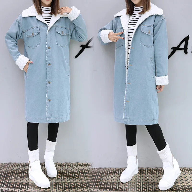 Beste Hodisytian Winter Mode Vrouwen Geul Dikke Jas Volledige Mouw Fleece Warm Slanke Lange Denim Windjack Bovenkleding Casaso Femme