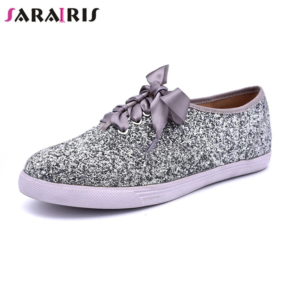 

SARAIRIS New Fashion Solid Bling Solid Lace Up Shallow Round Toe Shoes Woman Students Casual Spring Autumn Flats Size 35-40
