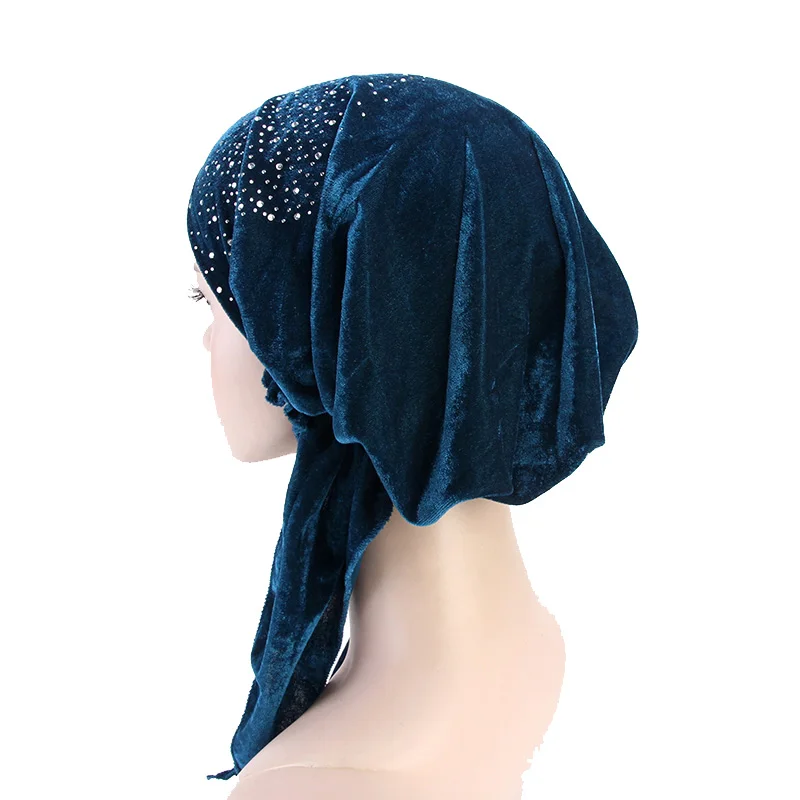 Новые женские бархатные шарфы со стразами, предварительно завязанные, тюрбан, головной убор, шапка Chemo, шапочка под хиджаб, аксессуары для волос