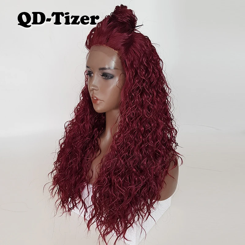 QD-Tizer цвета Бург Свободные Вьющиеся парики шнурка спереди термостойкие волокна волос бордовый Gluelee синтетические парики шнурка спереди для женщин