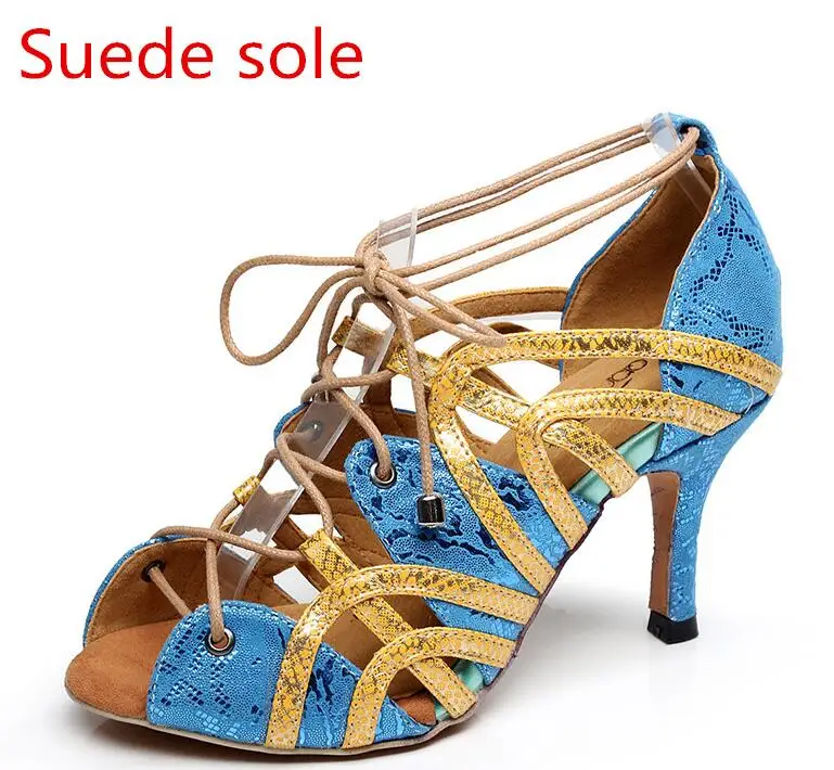 Женские латинский бальный танец, женская обувь для танцев сальсы, 7,5 см каблук, туфли для танго лета - Цвет: blue 75mm indoor
