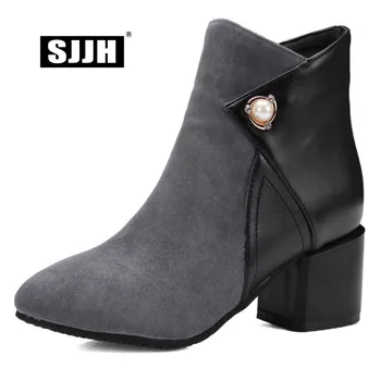 

SJJH Women Ankle Boots with Point Toe Chunky Plush Nubuck Patchwork Zip Short Boots Fashion Elegant Office Shoes Large Size Q326
