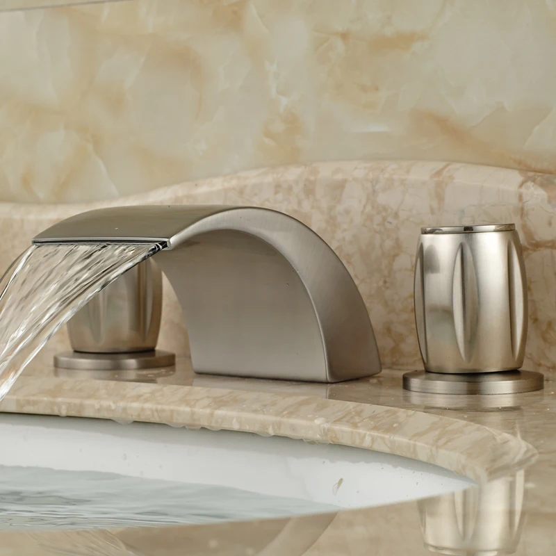 Dual Handle Curve Spout Waterfall Basin Mixer Taps Deck Mount 3 Holes Bathroom Faucet Brushed Nickel