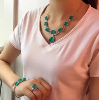

fine jewelry free shipping Amazonite set female Tianhe stone bracelet ring Earring Necklace 925 Silver band fluorescent no
