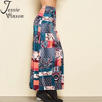 

Jessie Vinson Boho Floral Printed Back Split Velvet Long Skirt Women Autumn Winter High Waist Bohemian Velour Long Maxi Skirts