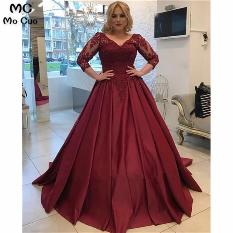 2019 A-Line Plus Size Burgundy Evening Prom Dresses Long Draped 3/4 Sleeves Satin Lace Up Back Party Dress Custom Made | Свадьбы и