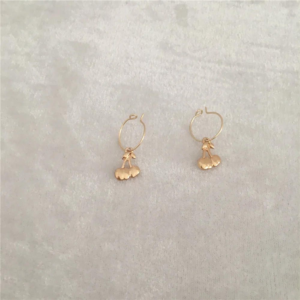 FASHION JEWELRY GOLD COLOR SMALL CHERRY CHARM WITH THIN HOOP EARRINGS