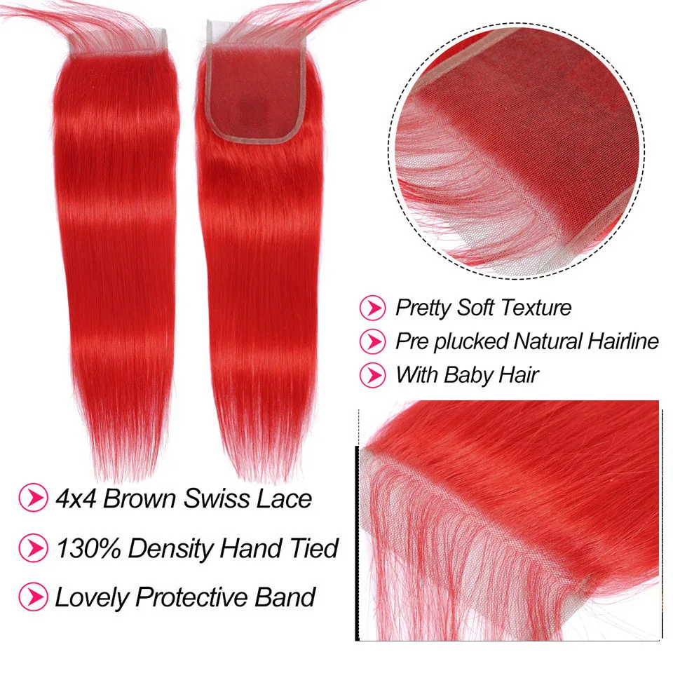 Red Straight Brazilian Human Hair Bundles with Closure, Pre-Plucked Remy Weave image 5