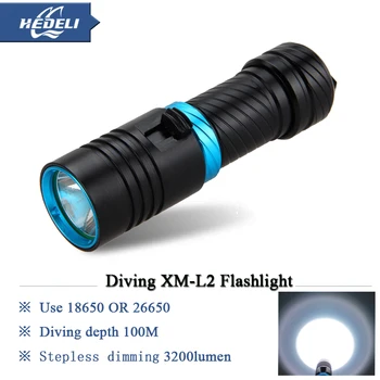 

LED flashlight XM-L2 diving flashlight 18650 or 26650 rechargeable battery wild cave exploration line without scale lanterna