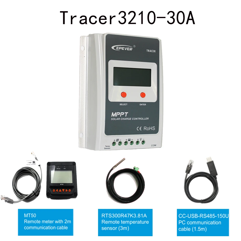 MPPT EPEVER Tracer 3210 30A Солнечный контроллер дистанционного метр MT50 удаленный датчик температуры ПК кабель связи использования