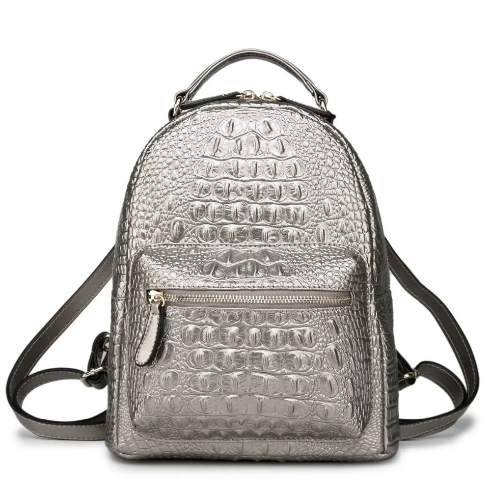 

Luxury Silver Women Backpack 100% Genuine Leather Crocodile Pattern Female Knapsack Small Elegant Lady Shoulder Bag Rucksack