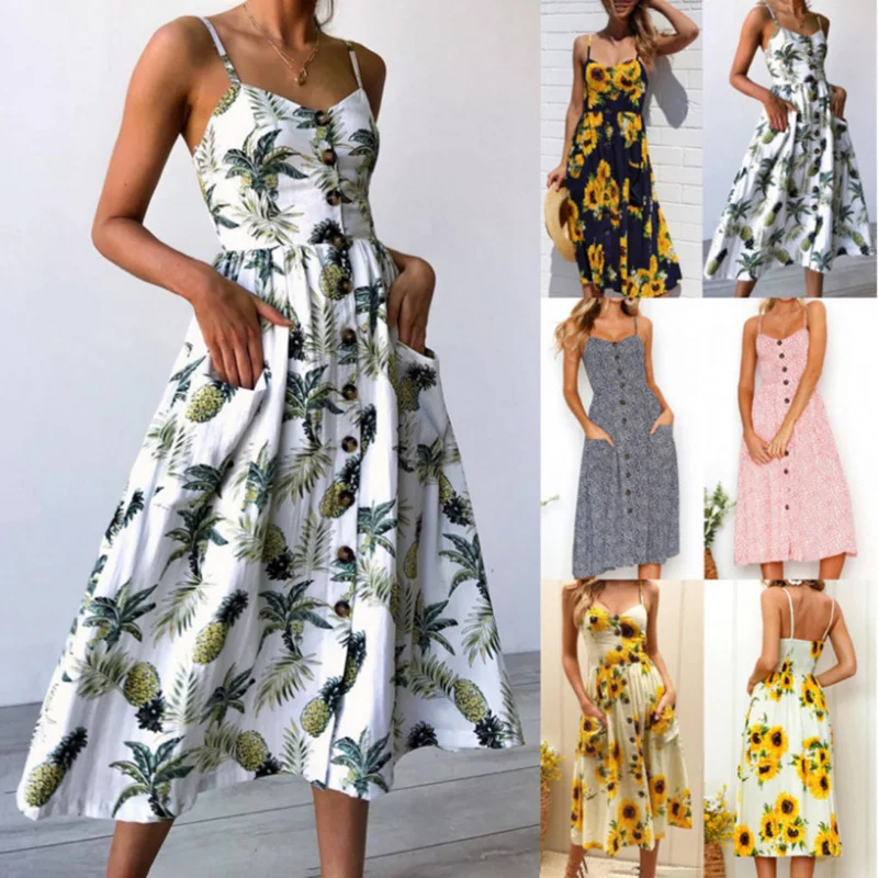 

Summer Women Dress 2019 Vintage Sexy Bohemian Floral Tunic Beach Dress Sundress Striped Female Pocket Pink Red White Dress W1261
