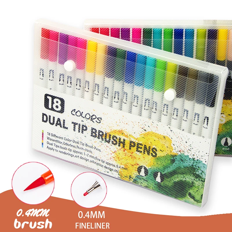 

Kawaii 18 Color Dual Tip Water Marker Pen With 0.4mm Fineliner Tip And 1-2mm Brush Tip