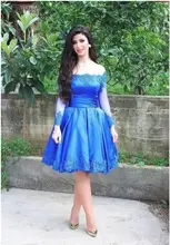 2017 Cocktailkleider Blau Satin Mit Langen Ärmeln A-Line Abendkleider Appliques Schulterfrei Knielangen Party Kleider