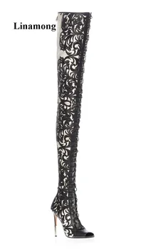 

2018 The Newest Boots Ultra High Cross-Tied Design Fashion Print Boots Thin High Heels Boots Exposed toe Summer Women Boots
