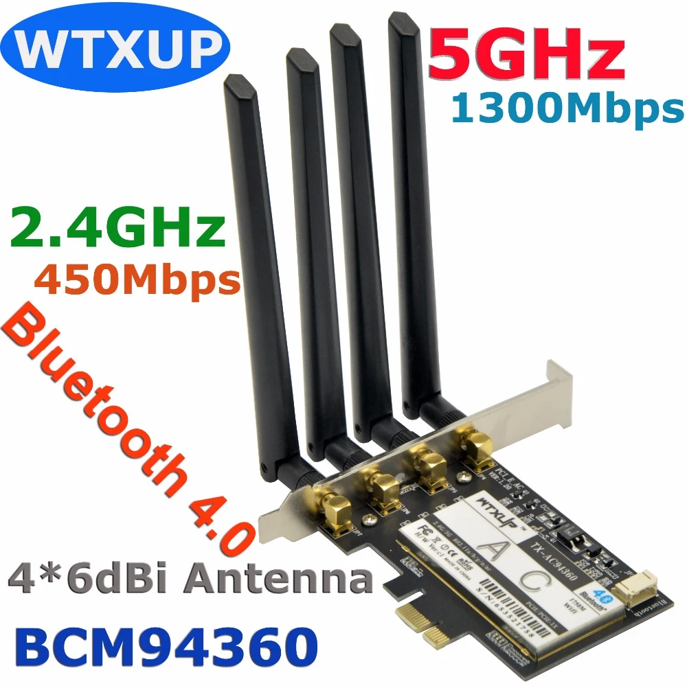 WTXUP Broadcom BCM94360 1750Mbps 802.11ac Wireless Desktop PCi-E WiFi  Adapter PCi Express Card + Bluetooth 4.0 + 4* 6dBi Antenna