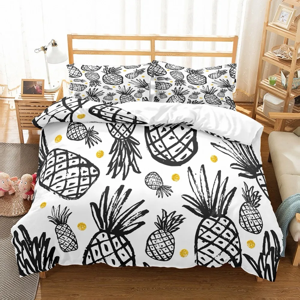 100 Microfiber Pineapple Bedding Set Black Pineapples Printed