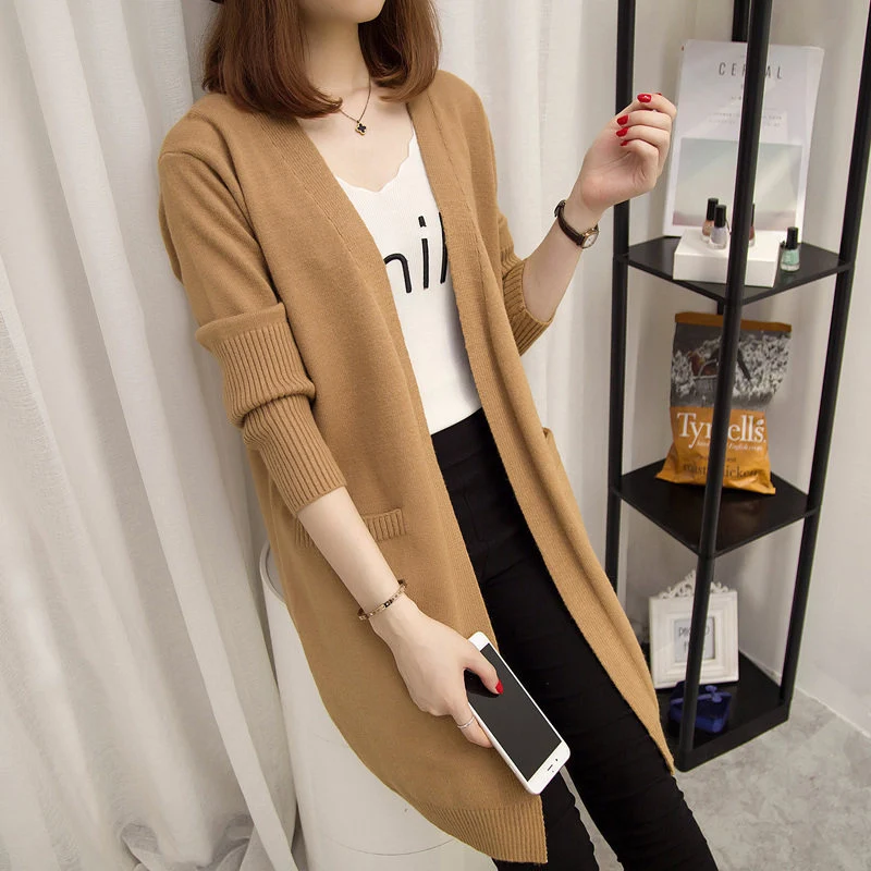 

New Women Spring/Autumn Sweater Long Cardigan Jacket Korean Slim Pocket Loose Pull Knit Sweater Outwear Coat Casual Female Tops
