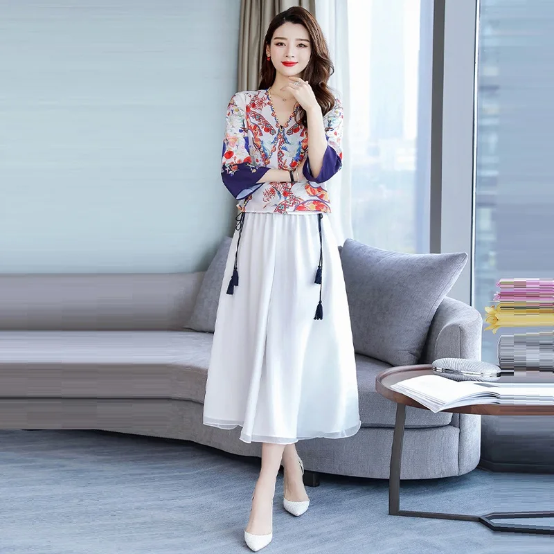 

2019 New Summer Retro-Chinese Style Lady Pant Sets Casual 2 Piece Set Women Vintage Blouse And White Wide Leg Pants Suits