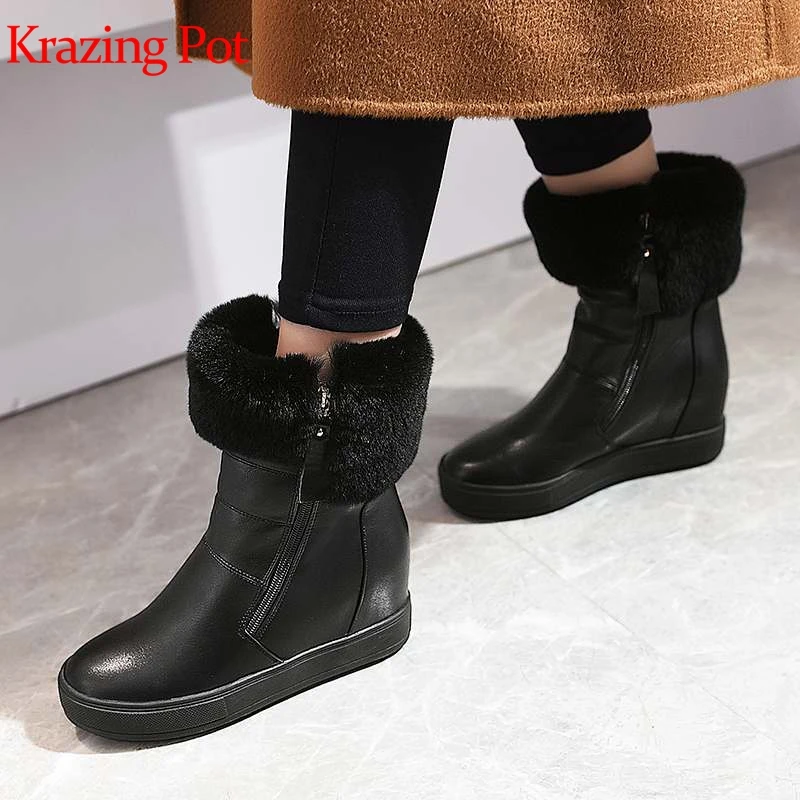 

Krazing pot 2019 PU leather wedges high heels solid color oxfords European zipper keep warm increased rabbit fur snow boots L95