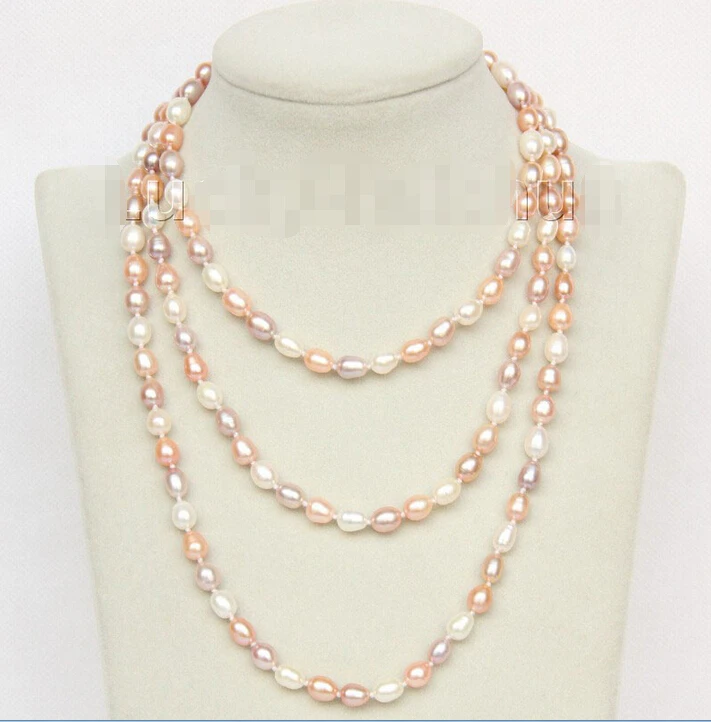 

Hot sale A>AAA 46" 11mm rice Multicolor white pink purple pearls necklace j10058 a