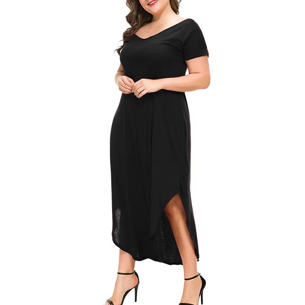 Для женщин плюс Размеры летние платья короткий рукав с круглым вырезом одноцветное чистый Цвета макси длинные платья Элегантный роковой платья партии - Цвет: Черный